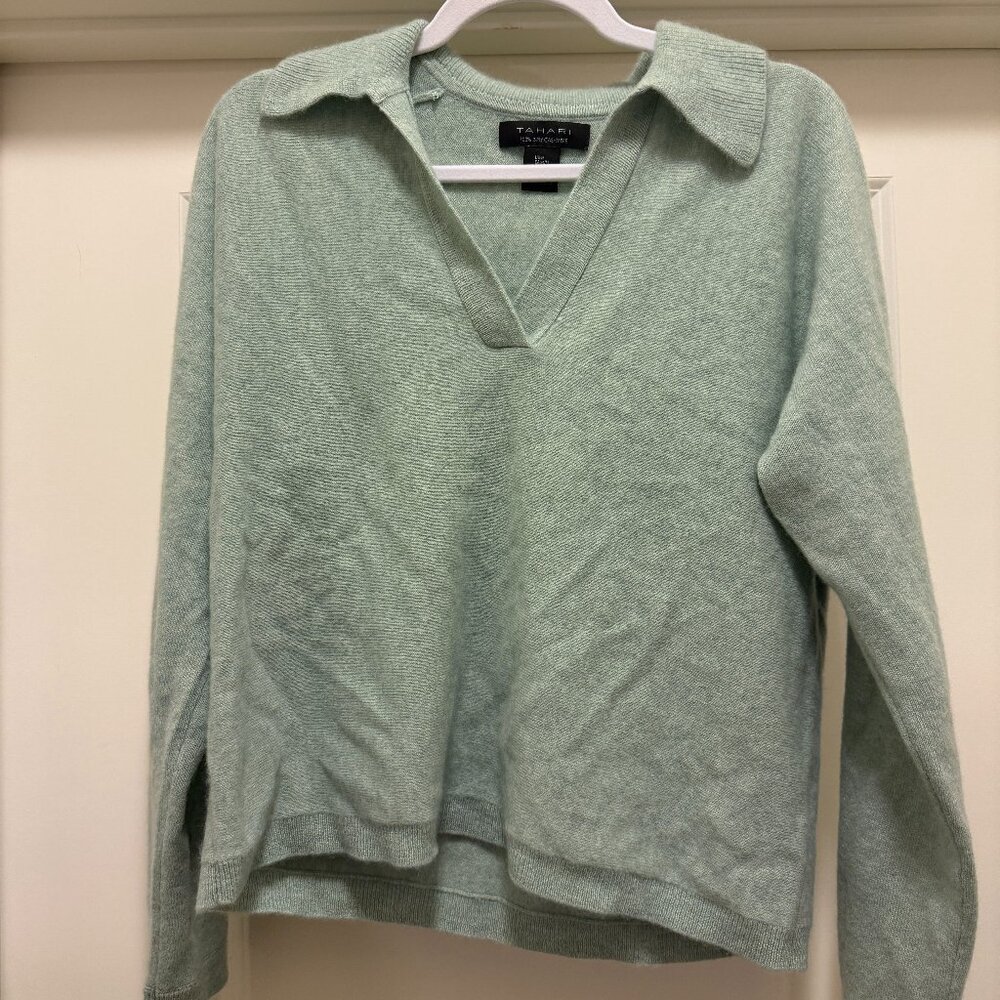 TAHARI 100% cashmere collared polo-style sweater, mint green teal sea foam